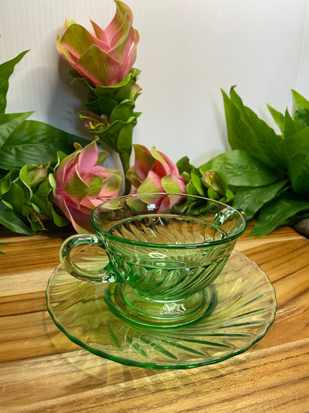 Vintage Uranium Glass, Tea Cup & Saucer