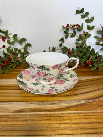 Beige w Pink & Beige Rose.Tea Cup & Saucer