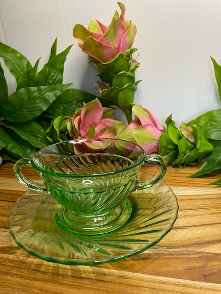 Vintage Uranium Glass, Tea Cup & Saucer