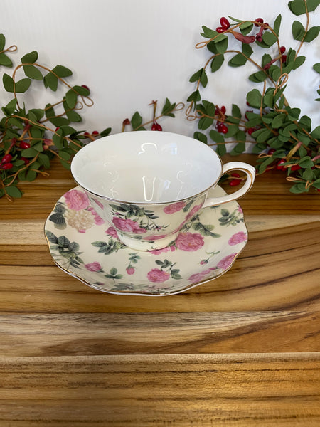 Beige w Pink & Beige Rose.Tea Cup & Saucer