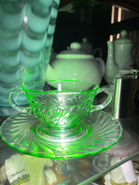 Vintage Uranium Glass, Tea Cup & Saucer