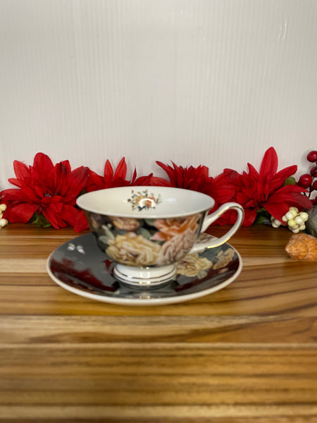 Black w/Beige & Light Pink Rose, Tea Cup & Saucer