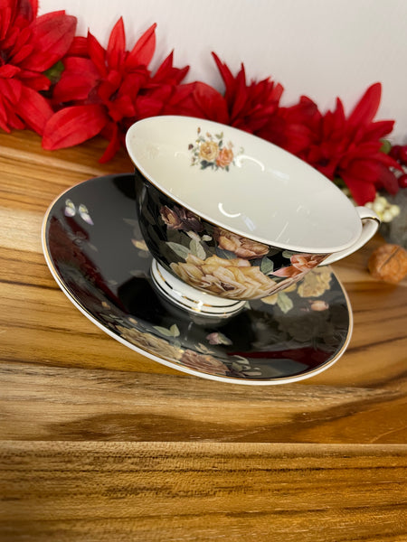 Black w/Beige & Light Pink Rose, Tea Cup & Saucer