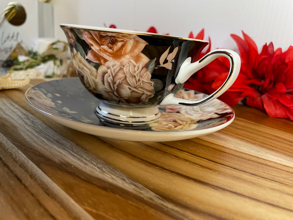 Black w/Beige & Light Pink Rose, Tea Cup & Saucer