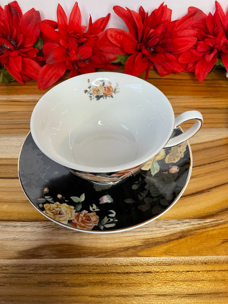 Black w/Beige & Light Pink Rose, Tea Cup & Saucer