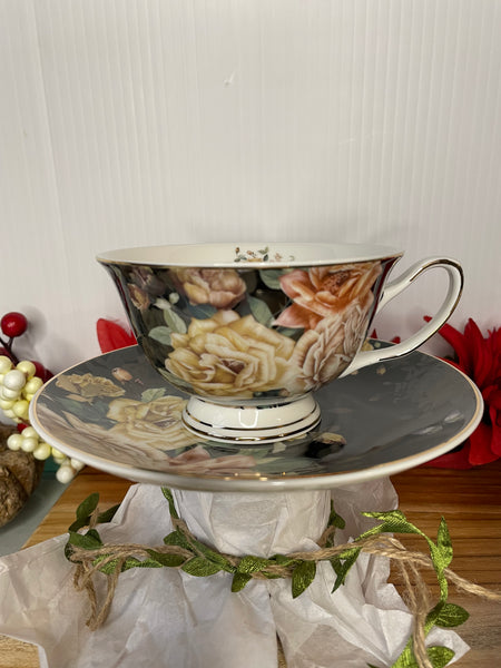 Black w/Beige & Light Pink Rose, Tea Cup & Saucer