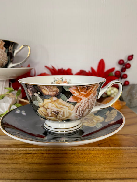 Black w/Beige & Light Pink Rose, Tea Cup & Saucer