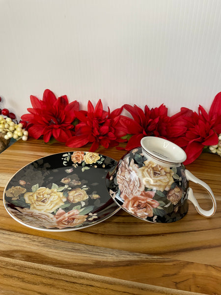 Black w/Beige & Light Pink Rose, Tea Cup & Saucer