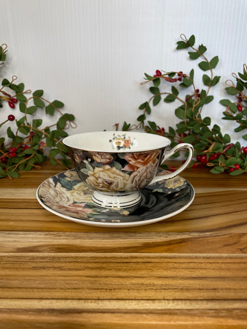 Black w/Beige & Light Pink Rose, Tea Cup & Saucer