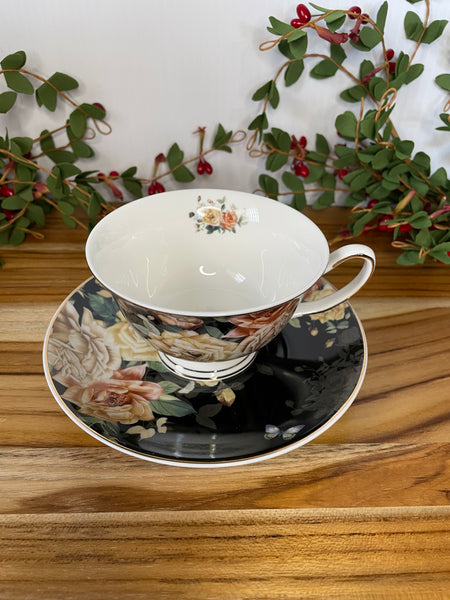 Black w/Beige & Light Pink Rose, Tea Cup & Saucer