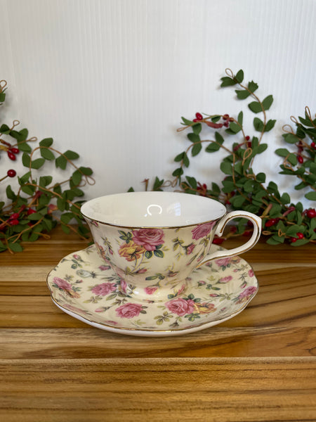 Beige w Pink & Gold Rose, Tea Cup & Saucer