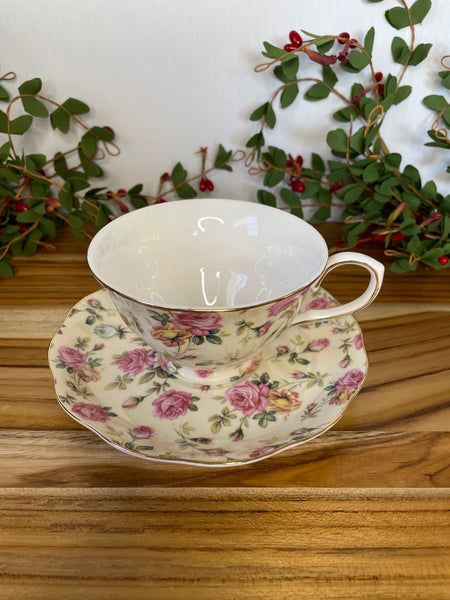 Beige w Pink & Gold Rose, Tea Cup & Saucer