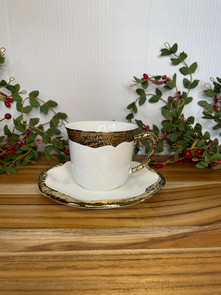 Off White & Gold, Tea Cup & Saucer