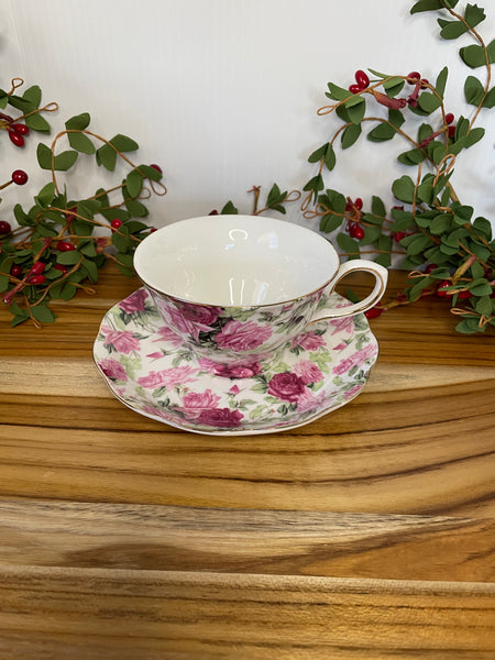 Light and Dark Pink Rose, Tea Cup & Saucer