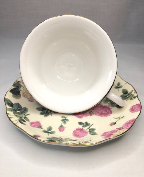 Beige w Pink & Beige Rose.Tea Cup & Saucer