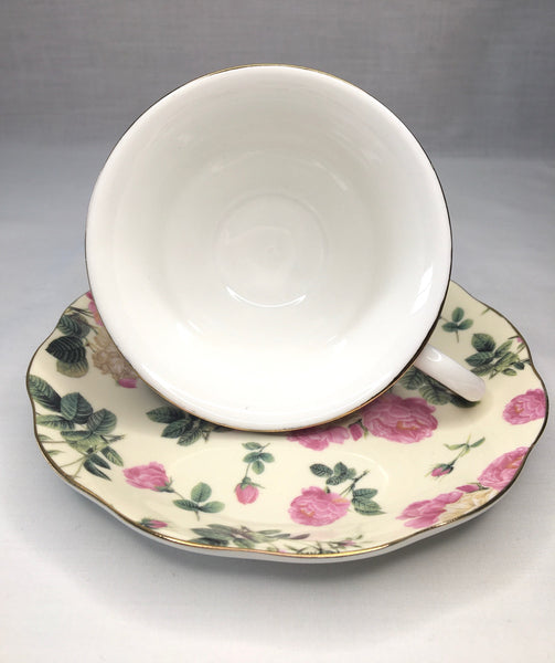 Beige w Pink & Beige Rose.Tea Cup & Saucer