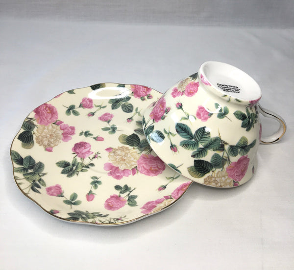 Beige w Pink & Beige Rose.Tea Cup & Saucer