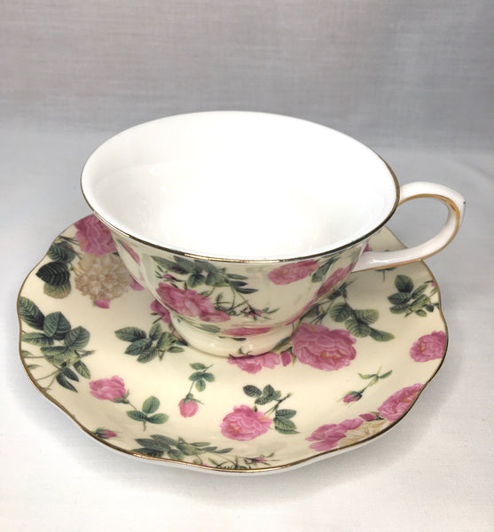 Beige w Pink & Beige Rose.Tea Cup & Saucer