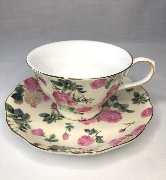 Beige w Pink & Beige Rose.Tea Cup & Saucer