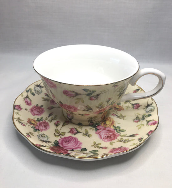 Beige w Pink & Gold Rose, Tea Cup & Saucer