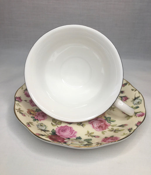 Beige w Pink & Gold Rose, Tea Cup & Saucer