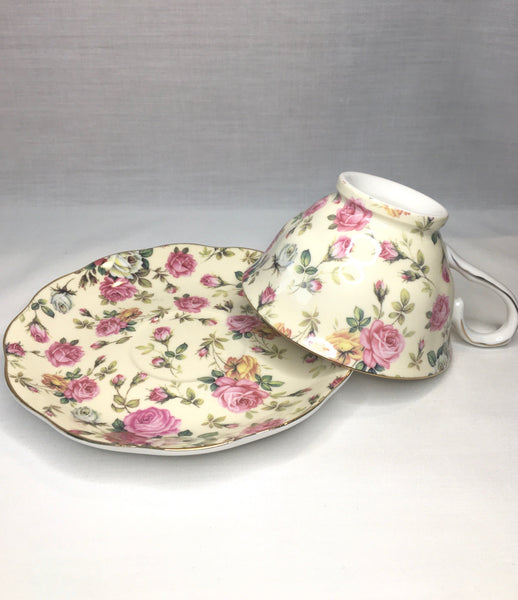 Beige w Pink & Gold Rose, Tea Cup & Saucer