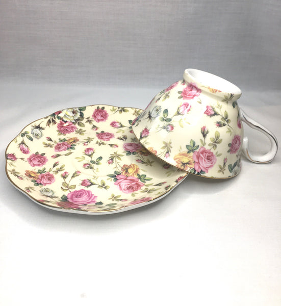 Beige w Pink & Gold Rose, Tea Cup & Saucer