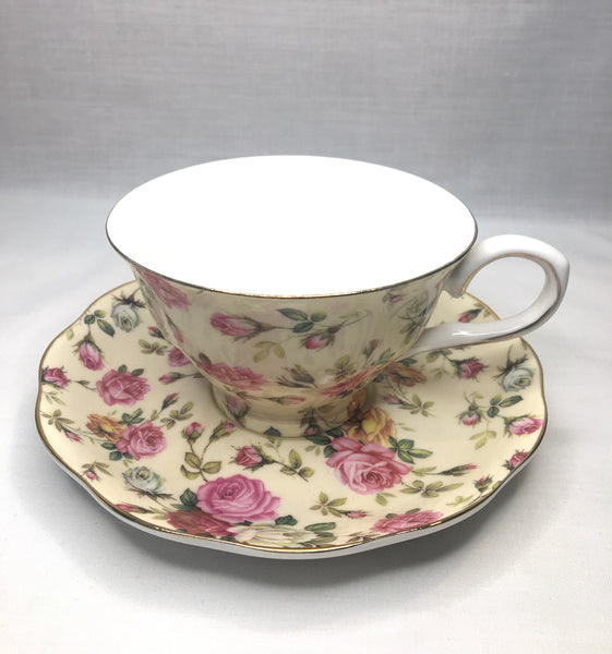 Beige w Pink & Gold Rose, Tea Cup & Saucer