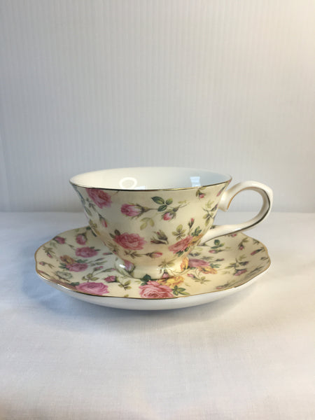 Beige w Pink & Gold Rose, Tea Cup & Saucer