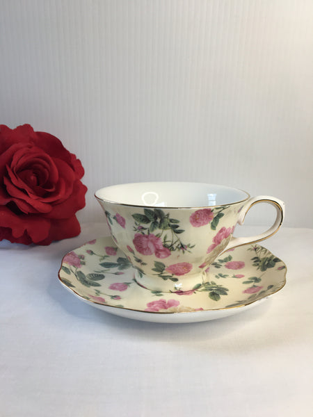 Beige w Pink & Beige Rose.Tea Cup & Saucer