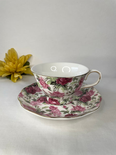 Light and Dark Pink Rose, Tea Cup & Saucer