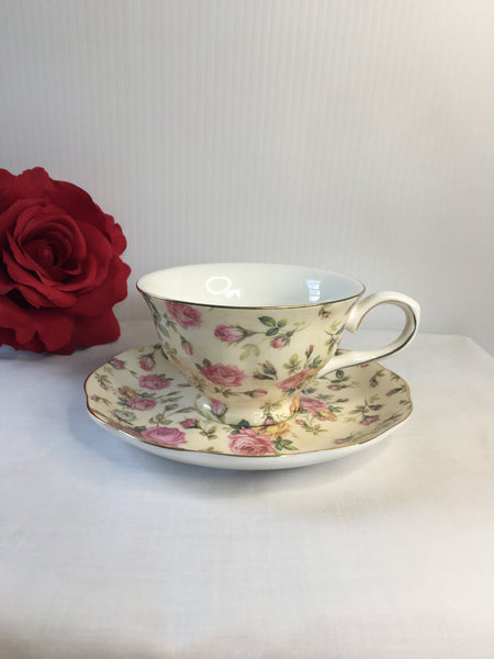 Beige w Pink & Gold Rose, Tea Cup & Saucer