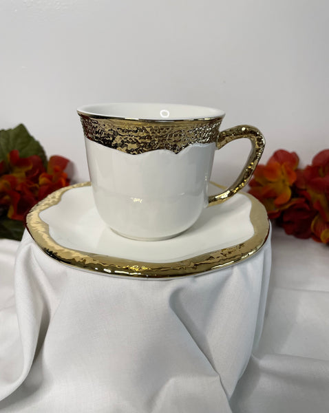 Off White & Gold, Tea Cup & Saucer