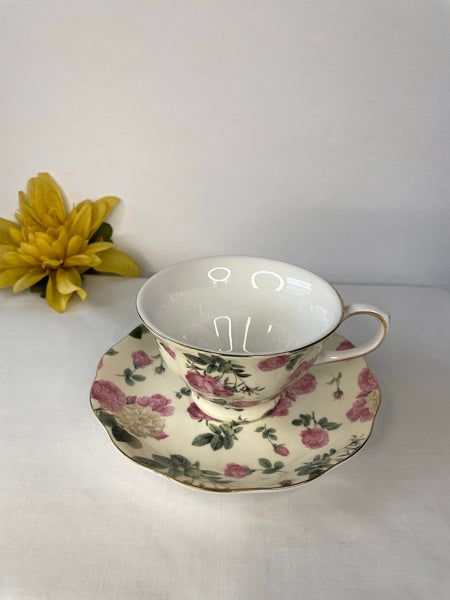 Beige w Pink & Beige Rose.Tea Cup & Saucer