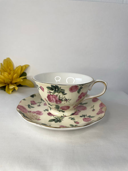 Beige w Pink & Beige Rose.Tea Cup & Saucer