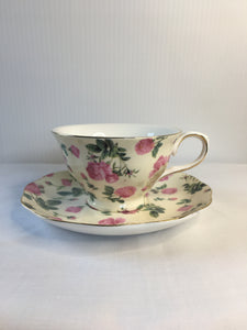 Beige w Pink & Beige Rose.Tea Cup & Saucer