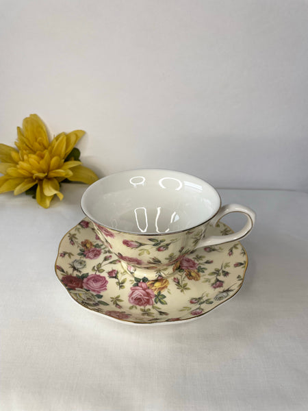 Beige w Pink & Gold Rose, Tea Cup & Saucer