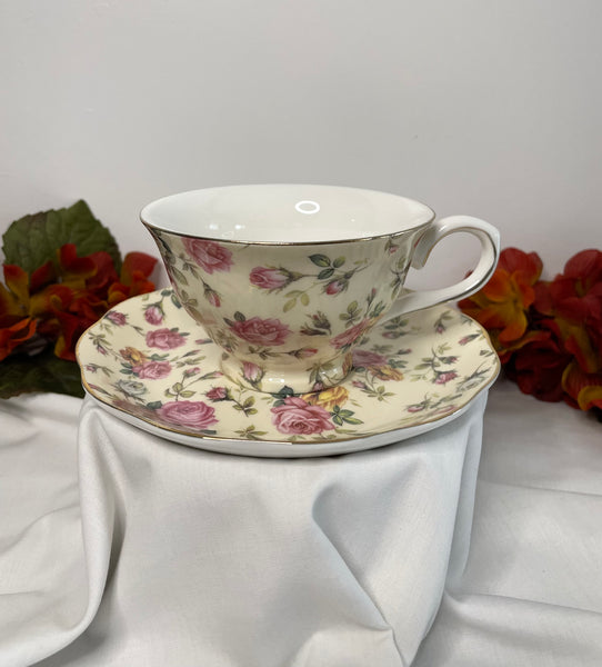 Beige w Pink & Gold Rose, Tea Cup & Saucer