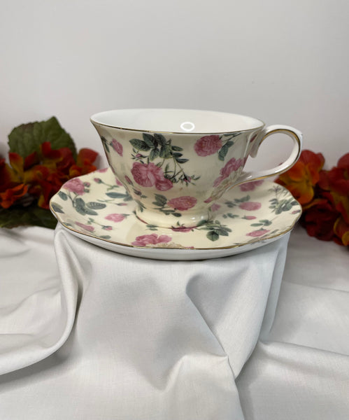 Beige w Pink & Beige Rose.Tea Cup & Saucer