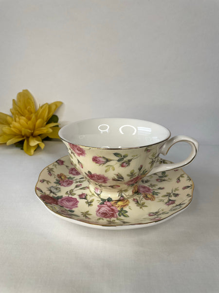 Beige w Pink & Gold Rose, Tea Cup & Saucer